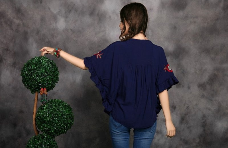 Kafeimali Women's Tops Batwing Floral Embroidered Loose Peasant Mexican Blouse (Navy Blue) - Image 3
